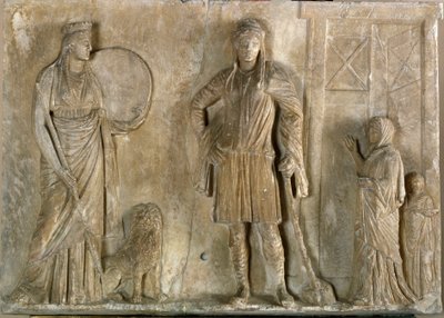 Grekisk konst: "" frygiska gudomliga Cybele och Attis, hans son och älskare"" Marmorrelief från 200-talet f.Kr. Museo Archeologico, Venedig av Greek