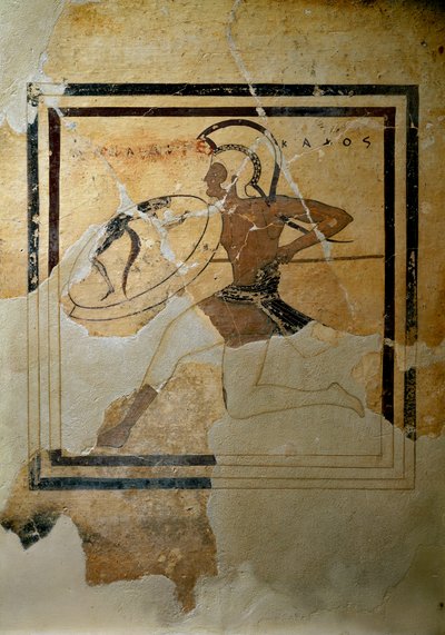 Grekisk konst: "" pynax (votivtavla) av terrakotta som representerar en hoplit i full ras""" 520-510 f.Kr. Sol. h. 65,5 cm Aten, Akropolismuseet (inv. 67) av Greek