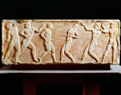 Grekisk civilisation, Stele som föreställer idrottare på gymnastiksal, från Kerameikos nekropol i Aten, Grekland, 510 f.Kr. av Greek