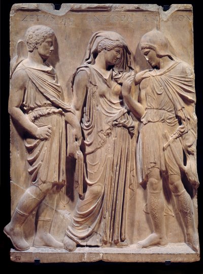 Grekisk antikvitet: Orphees farväl till Eurydice som Hermes är beredd att föra tillbaka till helvetet. Inskriptionen som ger namnen Zethus, Antiope och Amphion går tillbaka till renässansen. Låg marmorrelief. 480-323 f.Kr. Sön 1,2 m Paris, Musée du Louv av Greek