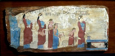 Grekisk antikvitet: offer av ett lamm. Träfärg från Sicyon i Korintiska viken. 600-talet f.Kr. Aten, Arkeologiska museet av Greek