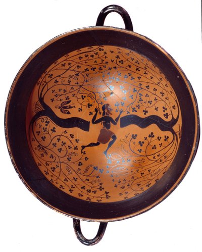 Grekisk konst: Jonisk kopp i keramik med svarta figurer känd som "" kopp med fågeln"" En man jagar svalor. 550 f.Kr. Sön 0,23 m Paris, Louvren av Greek