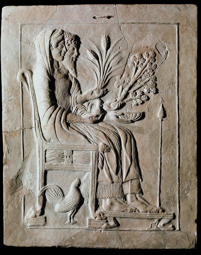 Grekisk konst: votiv terrakottaplatta från Persephone på tronen och Hades från Locri. 470 f.Kr. Reggio Calabria, Nationalmuseet av Greek