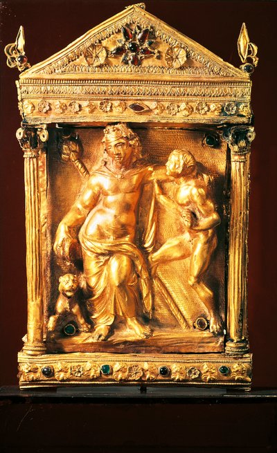 Naiskos med Dionysos berusad och satyr, litet tempel i hellenistisk stil med granater och smaragder från Thessalien, 2:a århundradet f.Kr. (guld) av Greek