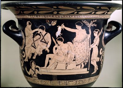 Orestes som suppliant vid Apollons helgedom i Delphi, detalj från en krater med röd figur i Attic, tillskriven den apuliska Eumenides-målarens keramikdetalj från 92567 av Greek