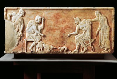 Stele föreställande slagsmål mellan hund och katt, 510 f.Kr. (relief) av Greek
