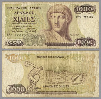 En tusen grekisk drakmersedel, 1987 av Greek School