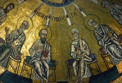 Apostlar, detalj från pingstmosaiken, interiören av Katholikon (mosaik) av Greek School