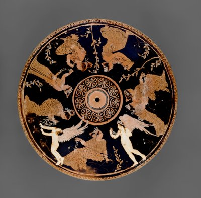 Attic röd-figur Pyxis, detalj av locket dekorerad med kvinnor som håller kärlekssymboler och halsband, nära Medidias Painter (keramik) av Greek School