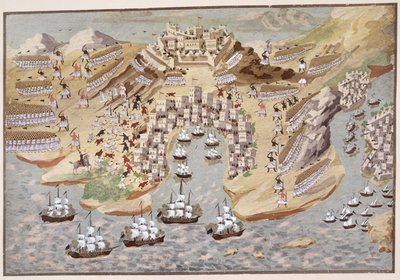 Fågelperspektiv över västra Grekland centrerad på Vonitsa, från det grekiska frihetskrigets bildhistoria av Greek School