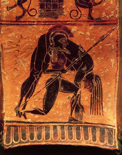 Svartfigurs keramik, Francois vas, Attic volute krater signerad av keramikern Ergotimos och målaren Kleitias, detalj, Ajax Telamon bär Akilles döda kropp, 570-560 f.Kr. av Greek School