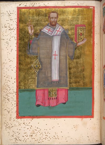 Egerton 2392, f.5v, miniatyr av en stående John Chrysostom som håller i en bok, från 