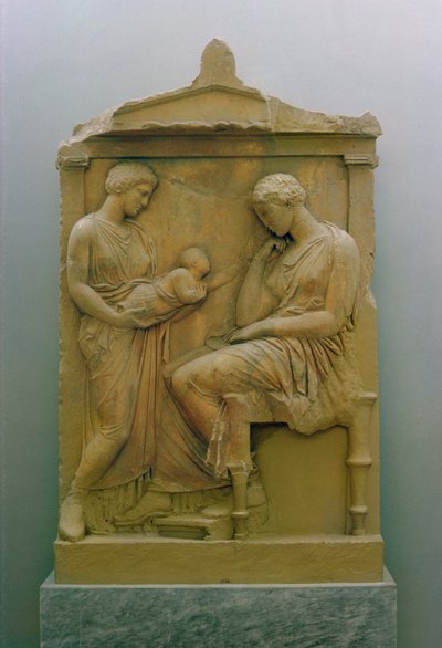 Begravningsstela som föreställer en piga som håller ut ett barn till en sittande kvinna (marmor) av Greek School