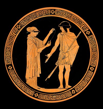 Galant samtal, dekoration av en keramik med röda figurer. 500-talet f.Kr. (keramik) av Greek School