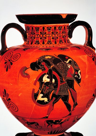 Grekisk civilisation, 600-talet f.Kr. Svartfigur keramik. Amfora föreställande Ajax bärande Achilles kropp. av Greek School