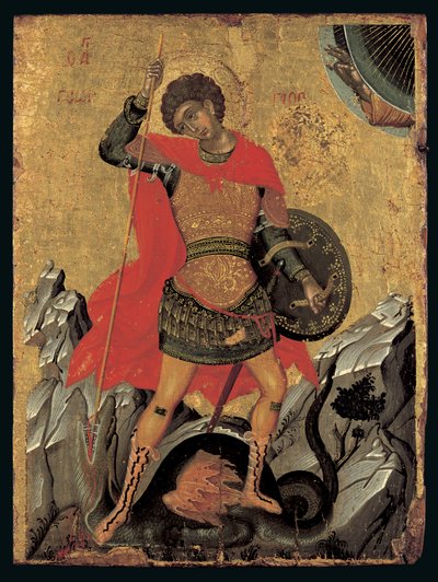 Icon of St George Slaying the Dragon (äggtempera på panelen) av Greek School