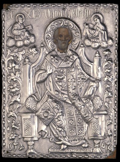 Ikon av St. Nicholas med silvergjutning, 1768 (äggtempera och koppar på trä) av Greek School