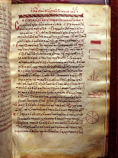 Sida med text med geometriska figurer, från Geometry av Euclid (3:e århundradet f.Kr.) av Greek School