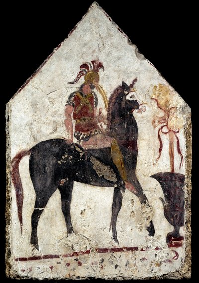 Målad platta, den så kallade svarta ryttaren, från Paestum, Andriuolo, grav 58 av Greek School