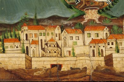 Pelmet föreställande Greklands återfödelse, detalj av Konstantinopel, från Syros, Kykladerna (äggtempera på trä) av Greek School