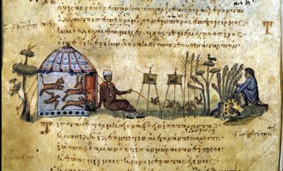 Jakten på fåglar vid kallelsen. Grekiskt manuskript av Oppianus De Venatione av Greek School