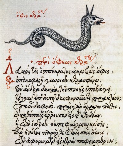 Avhandling om basilisk, test och miniatyr från Aelianus (2:a-3:e århundradet e.Kr.) av Greek School