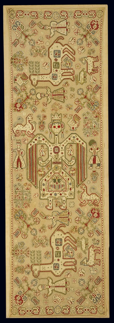 Kuddfodral för brud, från Lefkas, Joniska öarna, 1600-1700-talet (linne broderat med siden och guldmetalltråd) av Greek School