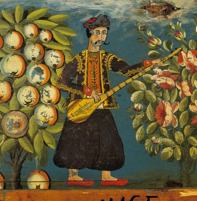 Detalj av en musiker från en kista, från Mytilini, Lesbos, 1700-1800-talet (äggtempera på trä) av Greek School