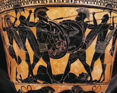 Grekisk civilisation, keramik med svarta figurer, Krater som skildrar kampen om Patroklos kropp, Från Farsala, Grekland av Greek School