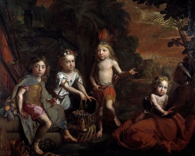 世界の 4 つの部分 右側には、アフリカを象徴する奴隷看護師の腕の中の子供が描かれ、中央にはアメリカ (インドの子供) がその富をヨーロッパに (籠を持って) 差し出し、アジアは服を着た子供を装っている。 シルク。 Gregor Bswedishによる絵画 av Gregor Brandmuller
