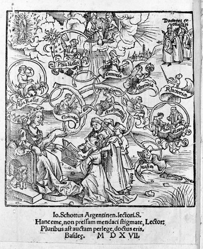 The Liberal Arts: the Trivium and the Quadrivium - i "" Margarita Philosophica"" av Gregor Reisch (1467-1525). Bal av Gregor Reisch