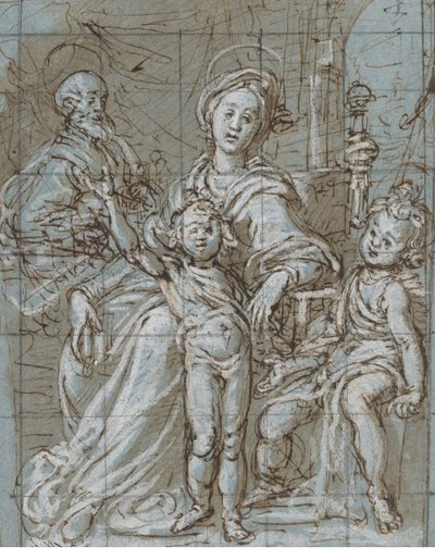 Helig familj med spädbarnet Johannes Döparen recto, storskaliga beskurna skisser..., 1590-92. av Gregorio Pagani