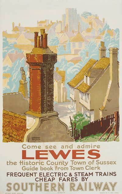 Lewes, affisch som annonserar Southern Railway (färg litho) av F. Gregory Brown