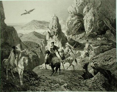 A Falcon Hunt near Yerevan, Armenia, skylt 20 från en bok om Kaukasus, graverad av Eugene Ciceri (1813-90) och Adolphe Jean-Baptiste Bayot (1810-66), utgiven av Alfred Leon Lemercier, Paris av Grigori Grigorevich (after) Gagarin