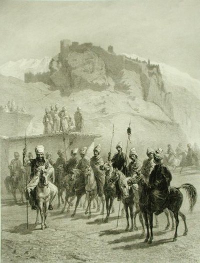 Castle of Atskhour, Akhaltsik, plåt 10 från en bok om Kaukasus, graverad av Adolphe Mouilleron (1820-81) utgiven av Alfred Leon Lemercier, Paris av Grigori Grigorevich (after) Gagarin