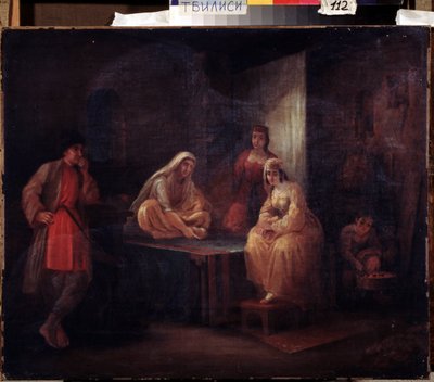 I rummet. Orientalistisk scen med Shamakha-dansare i Azerbajdzjan samlad i ett harem. Målning av Grigori Grigorievich Gagarin (1810-1893), olja på duk, rysk konst från 1800-talet. Statens georgiska konstmuseum, Tbilisi (Georg av Grigori Grigorevich Gagarin