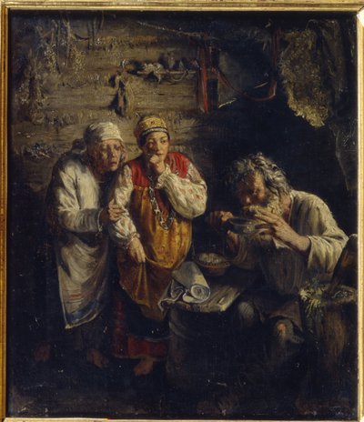 Helaren (häxdoktorn). I en fattig, lantlig hydda ser två barfota kvinnor klädda i folkloristiska klänningar oroligt en gammal man som dricker ett örtläkemedel, bredvid honom en mortelstöt för att tillaga medicinska blandningar. av Grigori Grigoryevich Myasoedov