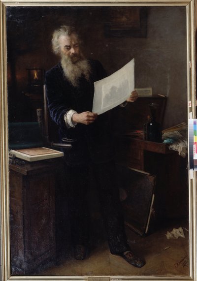 ""Det första intrycket"" (Det första intrycket). Porträtt av konstnären Ivan Ivanovich Shishkin (Ivan Ivanovitch Shishkin) (1832-1898) och tittar på ett av sina verk som han just har gjort. Målning av Grigori (Grigoriy, Grigory) Grigoryevich Myasoyedov ( av Grigori Grigoryevich Myasoedov