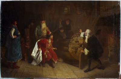 Den ryska flottans farfar. (Ryska flottans farfar). Scen från Peter I den stores barndom (1672-1725), i sin farfar Nikita Romanovs hus (?), upptäckte han en engelsk kanot, med ursprunget till hans passion för navigering. Målad av Grigori Grigoryevich Myasoedov