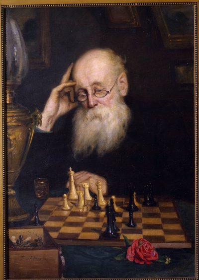 Schack mot sig själv (Schack med sig själv). Målning av Grigori (Grigoriy, Grigory) Grigoryevich Myasoyedov (Myasoedov, Miasoedov) (1834-1911), olja på duk av Grigori Grigoryevich Myasoedov