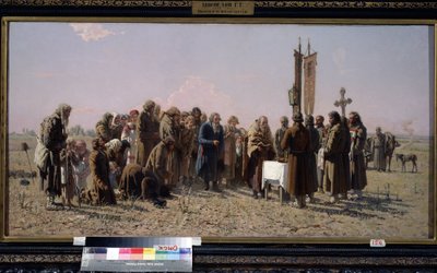 Ryska bönder och en ortodox präst ber i tider av torka. (Bön under torkan). Målning av Grigori (Grigoriy, Grigory) Grigoryevich Myasoyedov (Myasoedov, Miasoedov) (1834-1911) av Grigori Grigoryevich Myasoedov