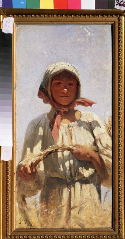 En skördare. Porträtt av en ung bondkvinna i traditionell dräkt, i ett vetefält mitt i sommaren för skörden. Målning av Grigori (Grigoriy, Grigory) Grigoryevich Myasoyedov (Myasoedov, Miasoedov) (1834-1911), olja på duk. ru konst av Grigori Grigoryevich Myasoedov