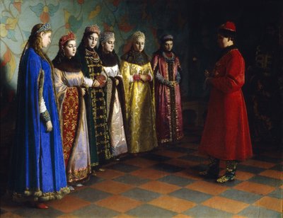 Tsar Alexei Mikhailovich väljer en brud, 1882 av Grigori Semenovich Sedov