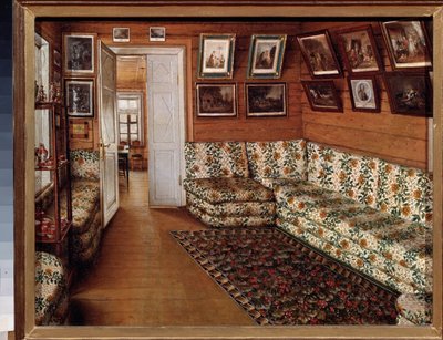 Mottagningsrummet i en herrgård - Målning av Grigori Vasilyevich Soroka (1823-1863), olja på duk - rysk konst från 1800-talet - Statens friluftsmuseum för historia och konst, Pskov (Ryssland) av Grigori Vasilievich Soroka