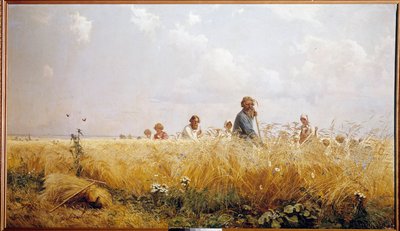 Skörda ryska bönder som klipper blesen. Målning av Grigori Miassoiedow (1835-1911) Peterhof från 1800-talet, slottets bibliotek av Grigoriy Myasoyedov