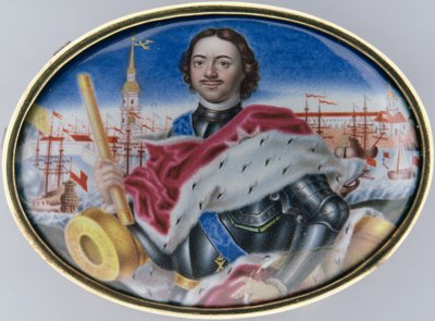 Porträtt av Peter I (1672-1725) mot St. Peter och St. Paul-fästningen och Trefaldighetstorget i St. Petersburg, 1723 (emalj på guld) (se 126084) av Grigory Semyonovich Musikiysky