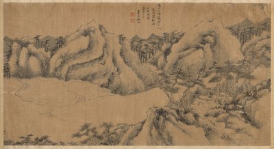 Pinjeskuggat kloster på ett molnigt berg, sent 1700-tal. av Gu Chao