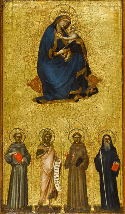 Madonna och barn med heliga, cirka 1360 (tempera och bladguld på poppelpanel) av Guariento di Arpo