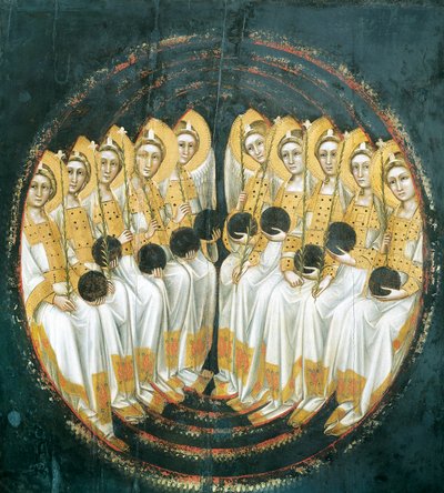 Sittande änglar med klot i händerna, av Guariento (aktiv 1338-1367 eller 1370), tempera på panel av Guariento di Arpo