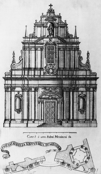 Fasad och layout av Annunciationskyrkan i Messina, gravyr av Guarino Guarini (1624-1683), Italien av Guarino Guarini